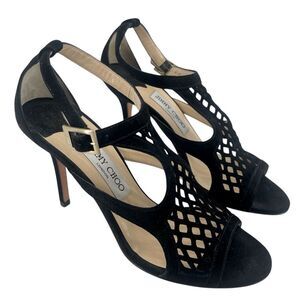 Jimmy Choo Black Suede Perforated Heeled Sandals with Ankle Strap EU 37.5